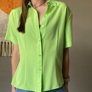 Lime Green Button Down, Short Sleeved Blouse